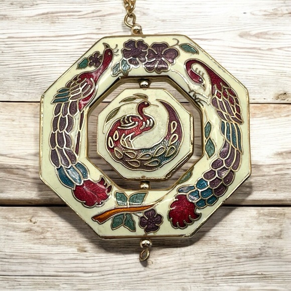 Vintage Jewelry - Stunning Vintage 14KT GF Peacock and Floral Cloisonné Spinning Pendant Necklace